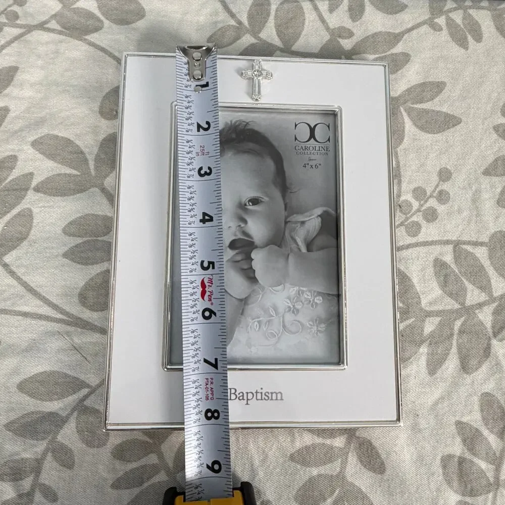 Baptism Baby Picture Frame White enamel and silver cross 4X6 Unused